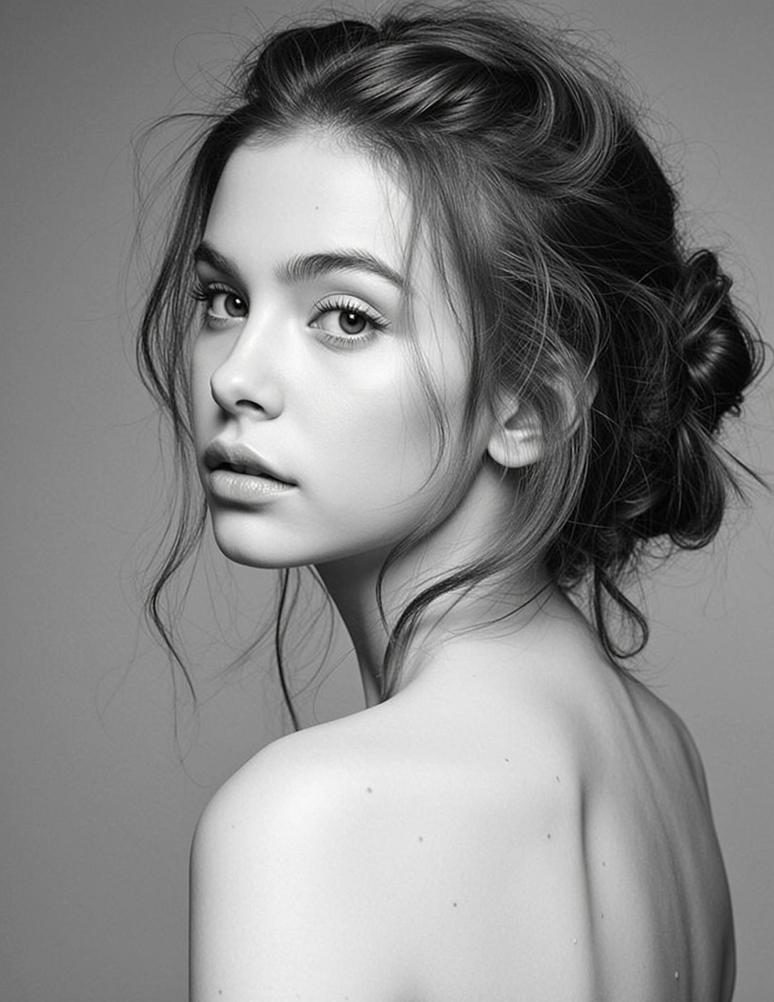 Photorealistic Black And White Medium Shot Portrait Young Woman With