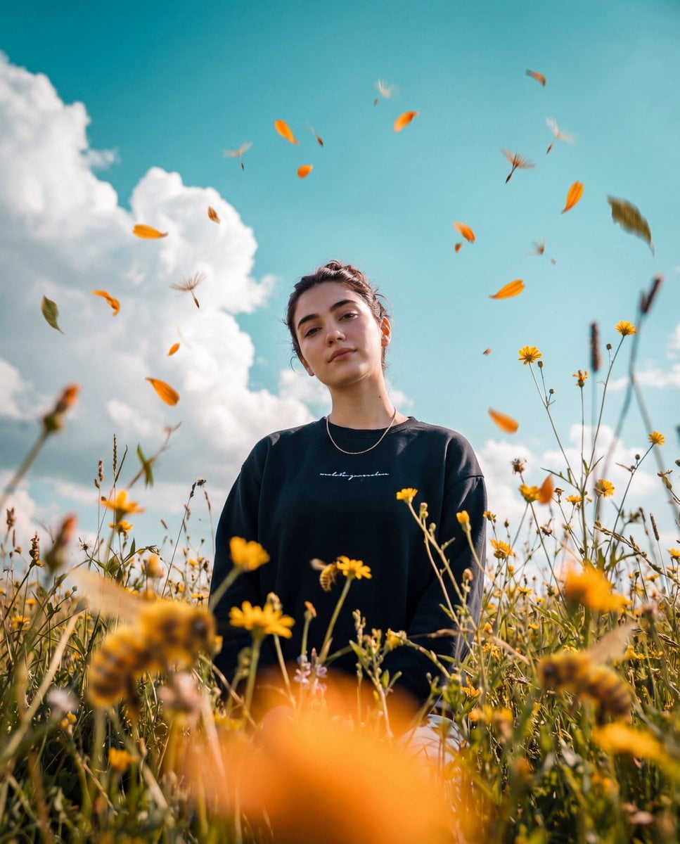 A woman with dark brown hair in a dark blue sweatshirt stands among grass and flowers, with a turquoise sky behind her.