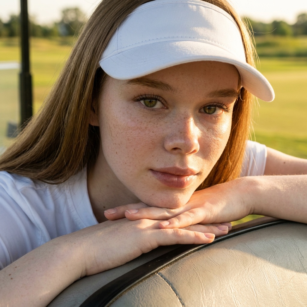 Golf Club Golden Hour Girl Leaning On Cart Cinematic Grain