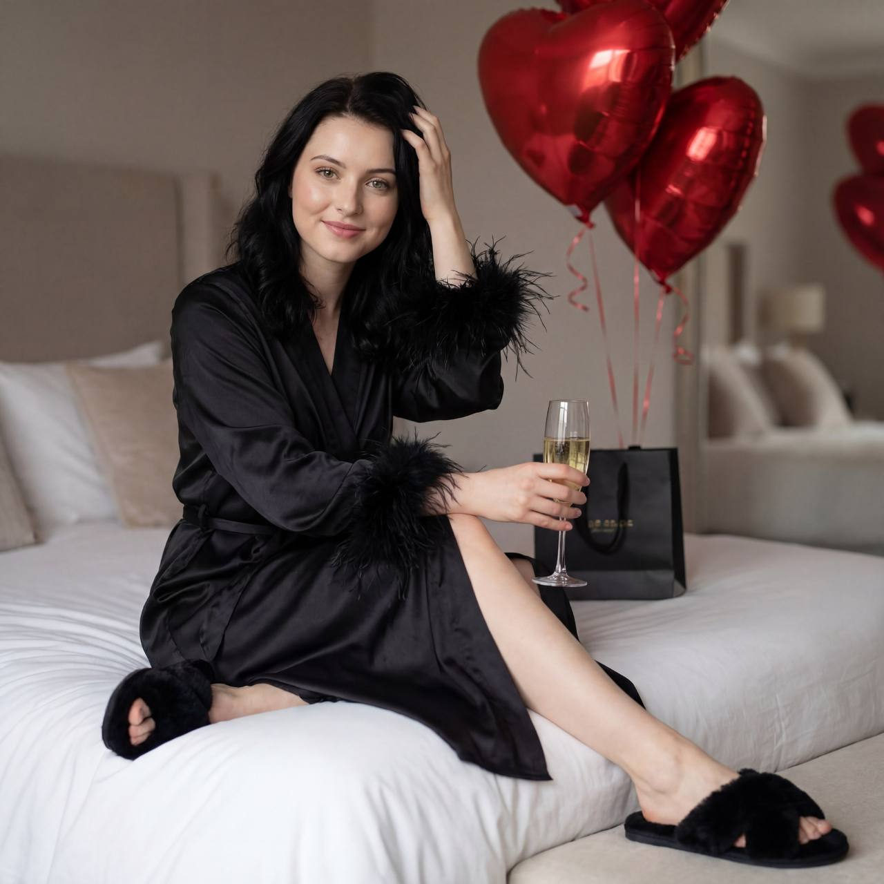 Elegant woman in a satin robe with feathered cuffs on a plush bed, holding champagne, surrounded by heart balloons and soft lighting.