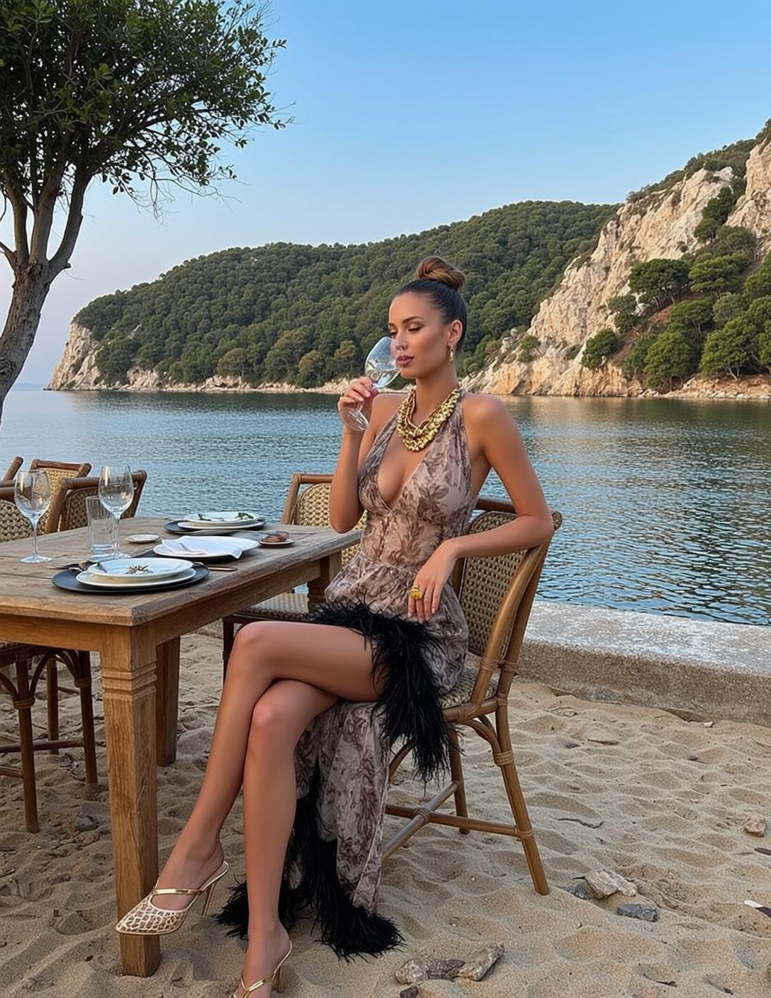 Vacation Brown Hair Bun Tan Skin Patterned