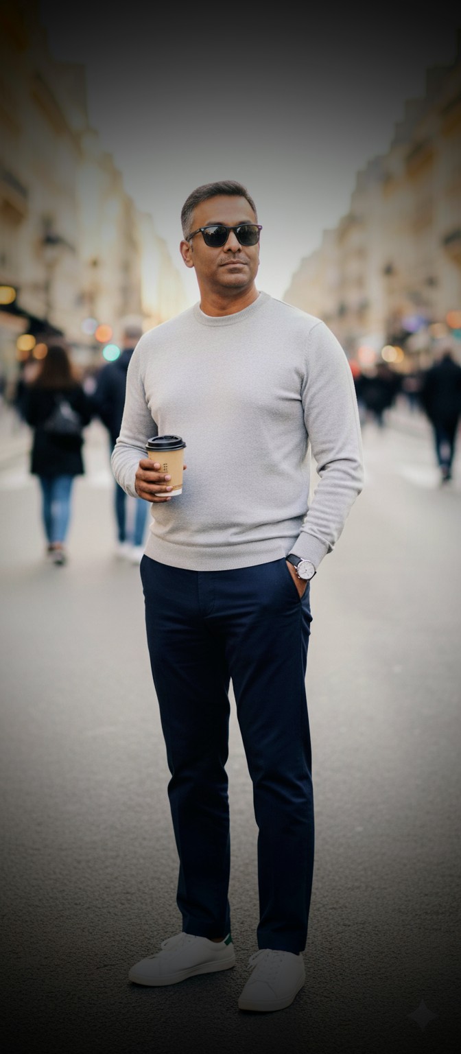 A stylish man with dark sunglasses holding a coffee cup on a bustling street, wearing a light grey sweater and dark trousers.