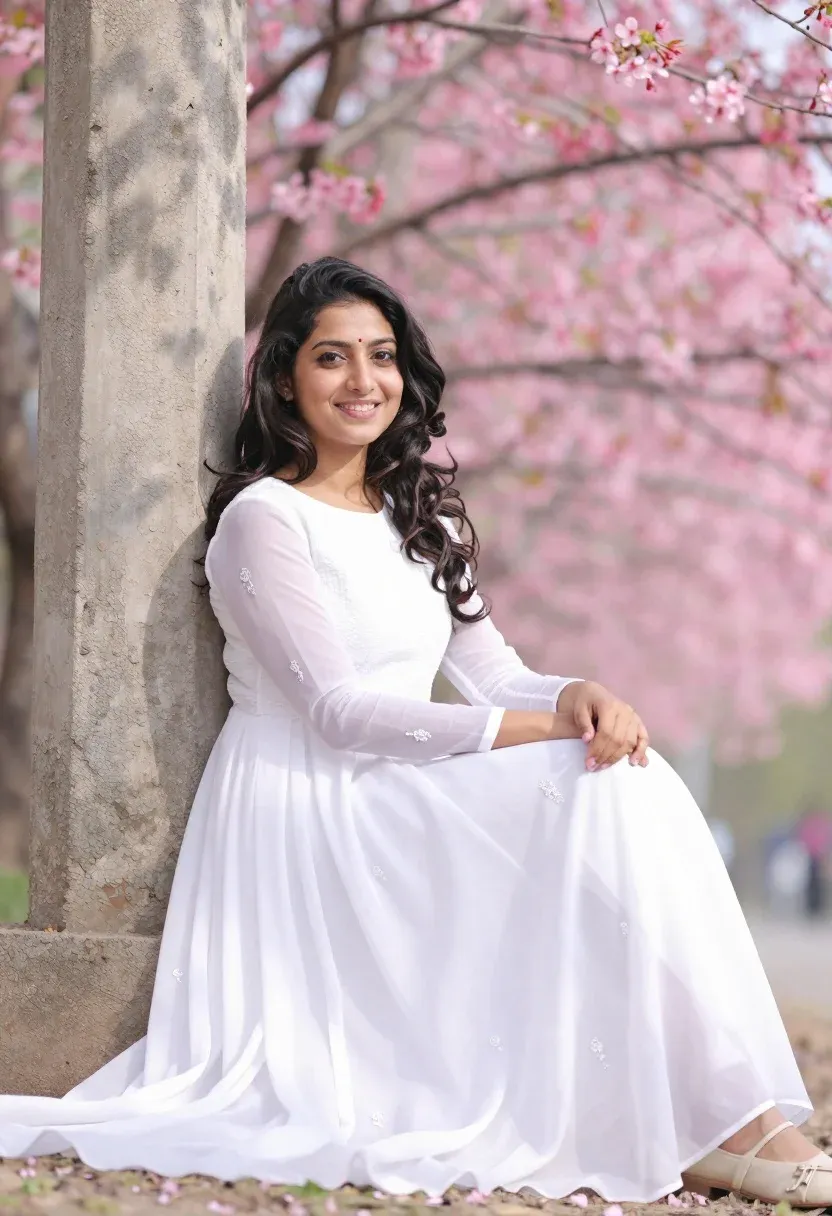 Young Woman With Long Dark Wavy Hair Sits Gracefully Against