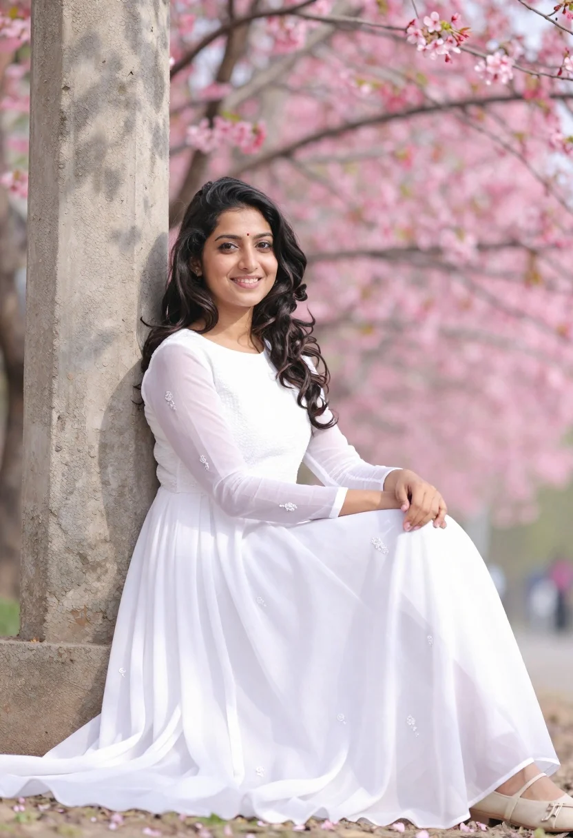 Young Woman With Long Dark Wavy Hair Sits Gracefully Against reference photo