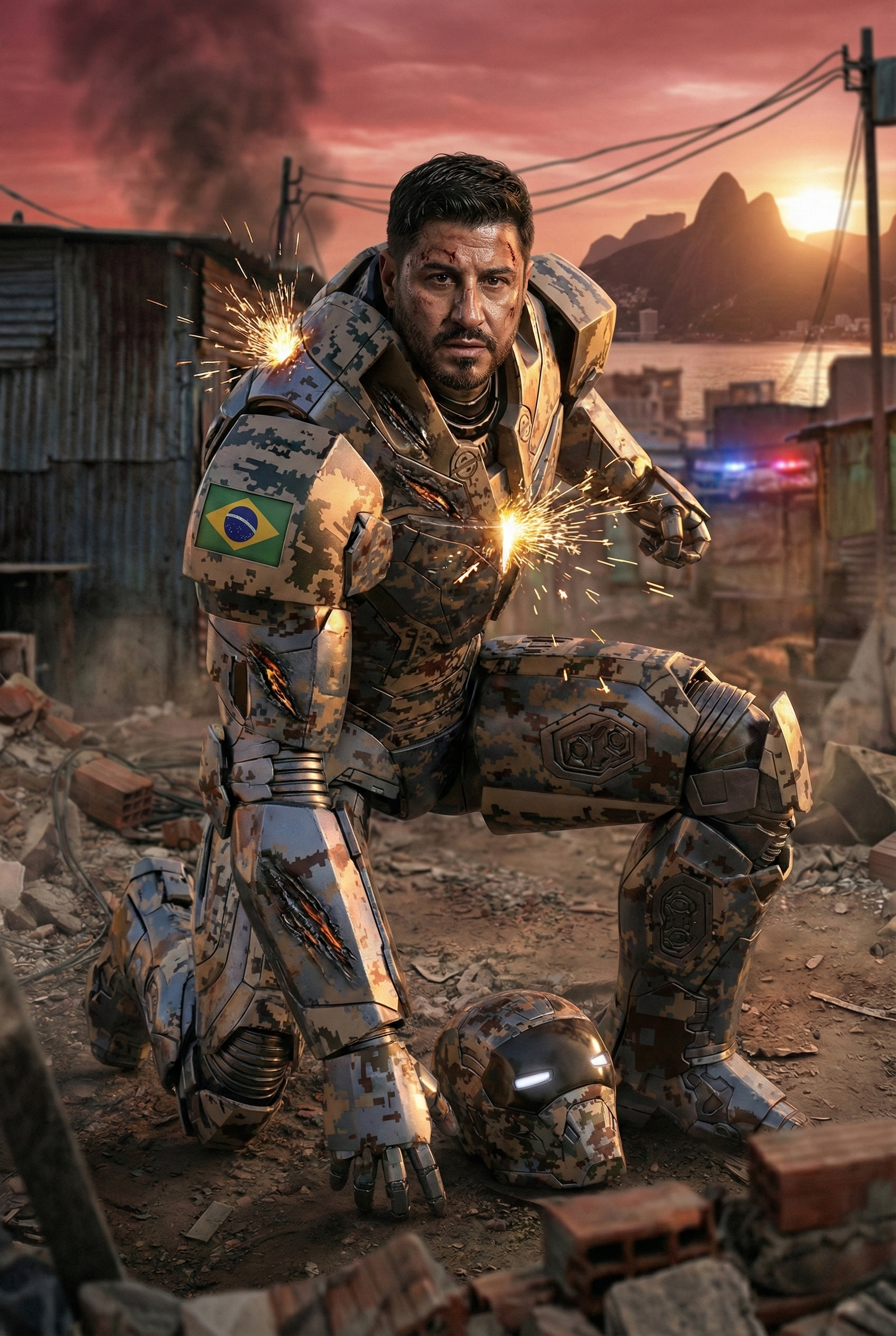 A heavily damaged Iron Man Mark XXII Shades suit in Brazilian camouflage, helmet off, revealing a sweaty face in a dramatic favela setting at dusk.