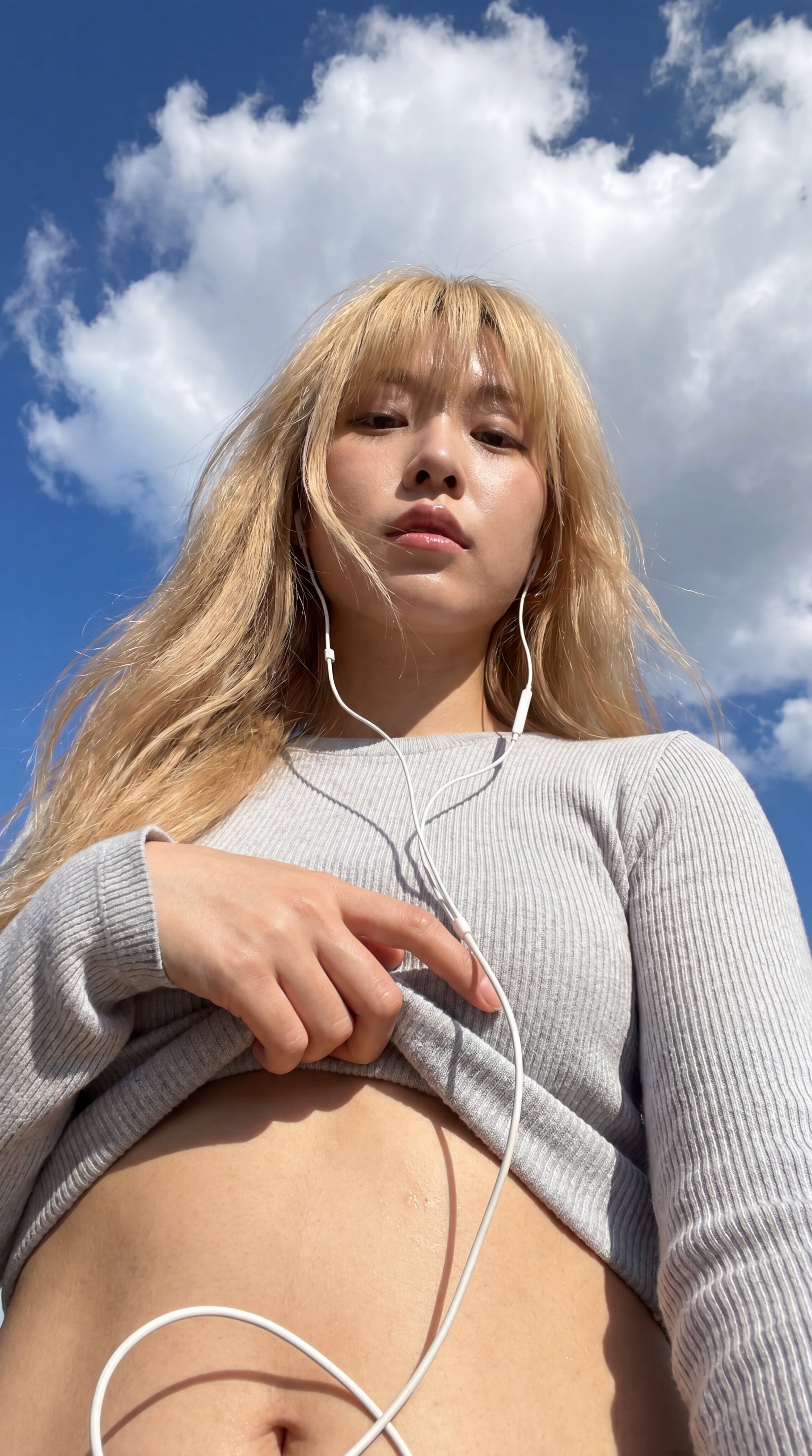 Low Angle Selfie Bare Abdomen Crop Top Bright Sky