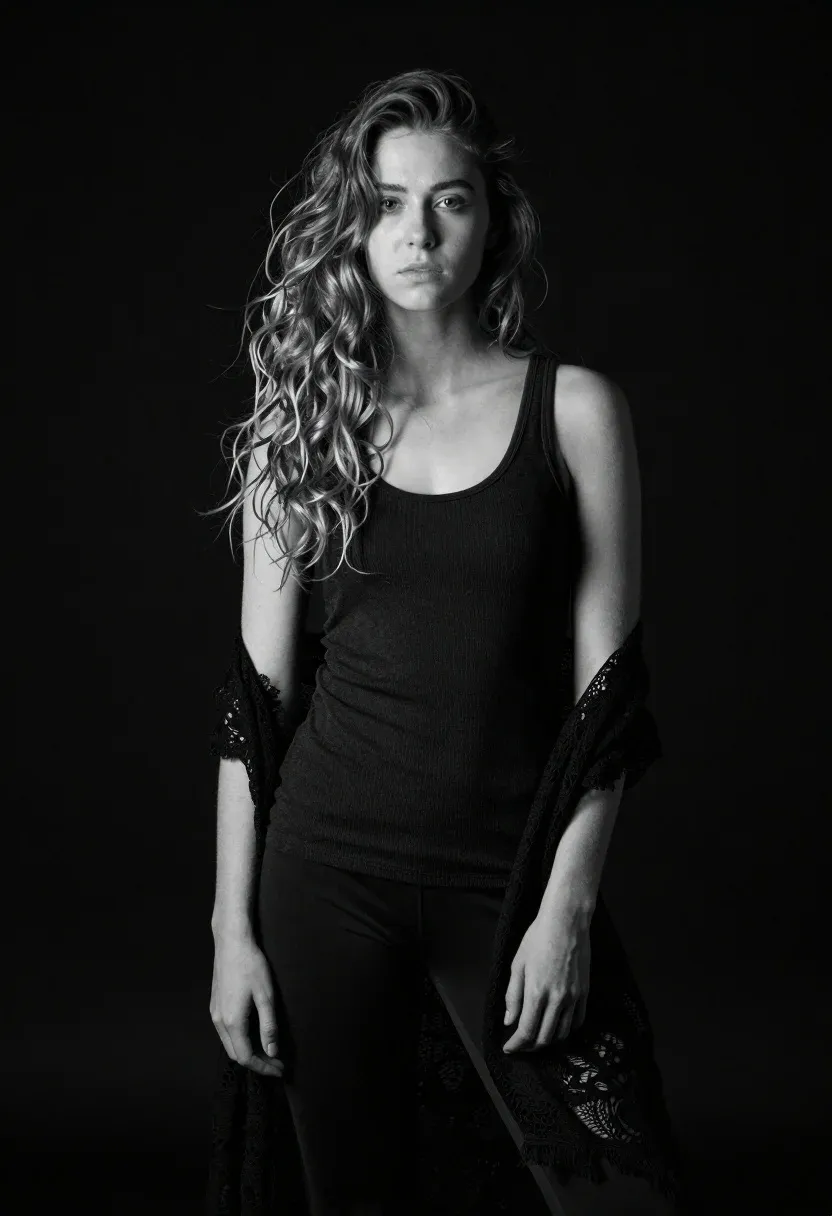 Monochrome Portrait Young Woman With Long Wavy Hair Standing Against