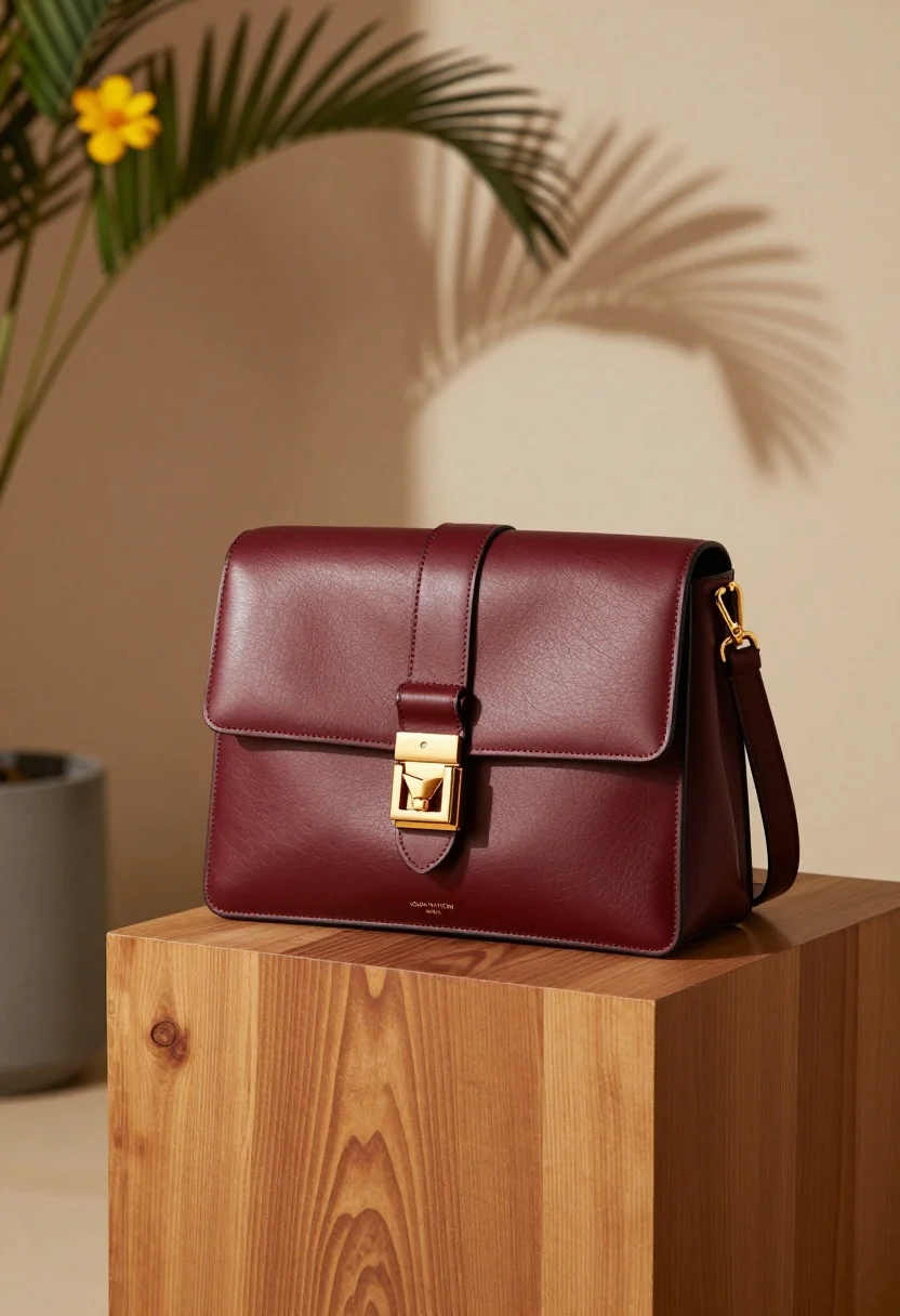 Rich Burgundy Leather Handbag Rests Elegantly Polished Wooden Pedestal Sunlit
