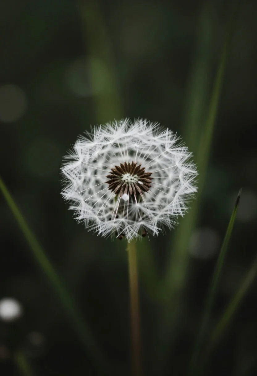 A single white dandelion seed head sharply focused against a dark blurred backdrop