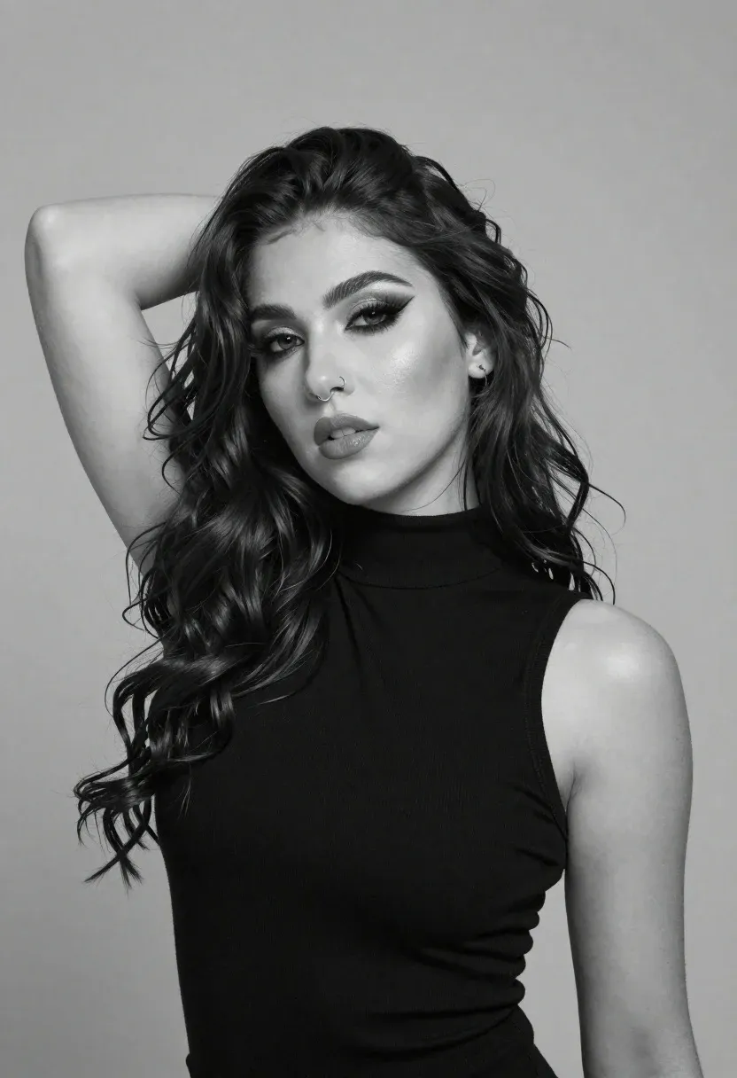 Black And White Studio Portrait Young Woman With Long Wavy