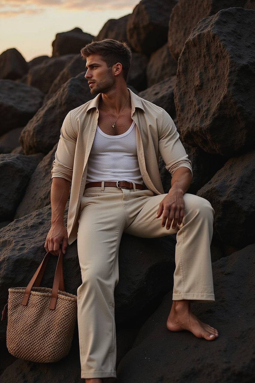 A man sits on dark volcanic rocks, wearing a light beige shirt open over a white t-shirt, exuding relaxed confidence as he gazes into the distance.