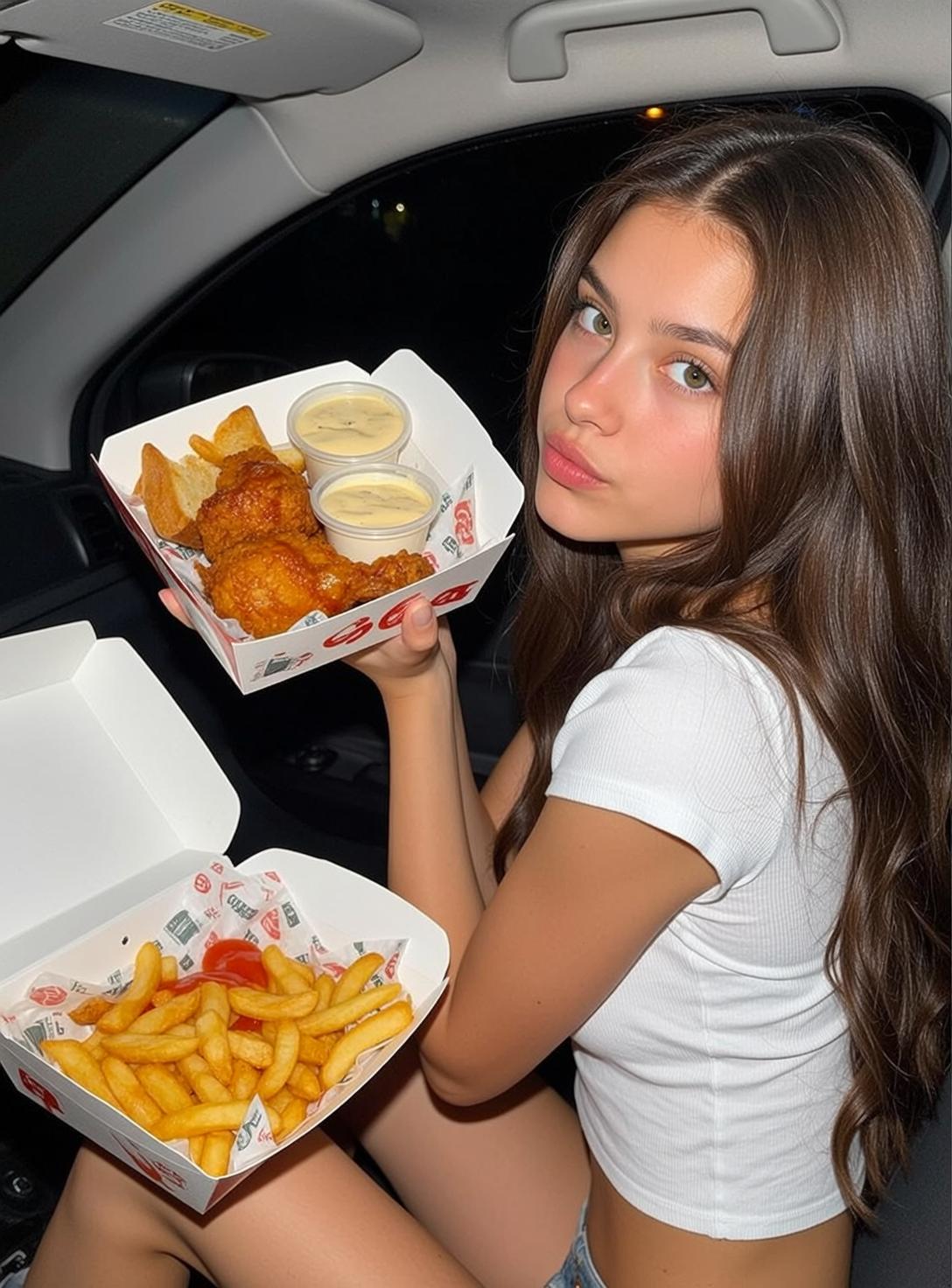 Woman In Car With Food Pouty