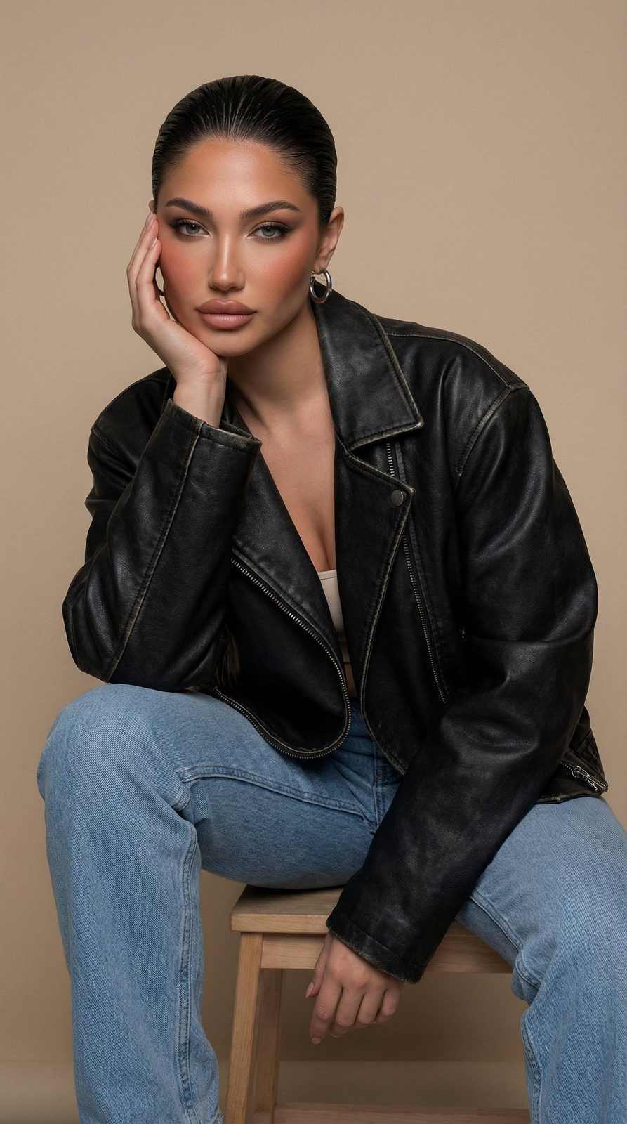 A woman seated on a wooden stool exuding calm confidence, wearing an oversized leather jacket and light jeans.