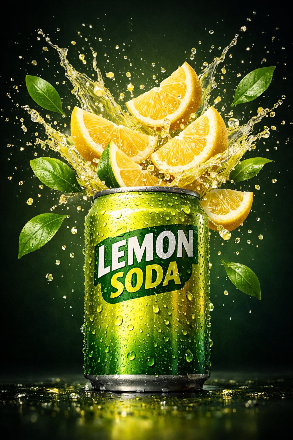 A vibrant lemon soda splash with fresh lemon slices and condensation droplets, set against a dark green gradient background.