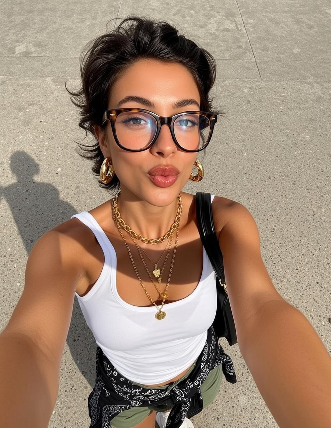 Black Bandana Tied White Tank Top Outdoors Concrete Pavement Shadow