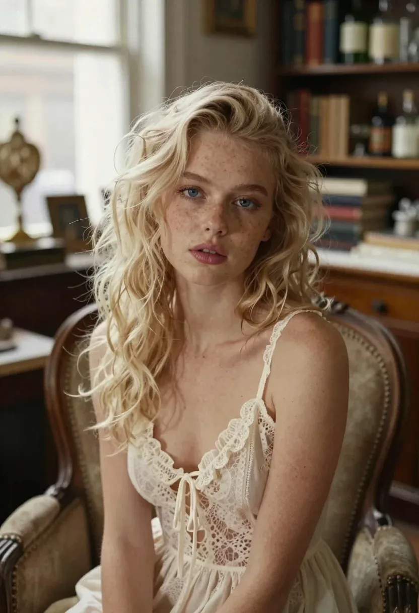 Soft-focus Portrait Blonde Woman With Freckles And Blue Eyes Sitting