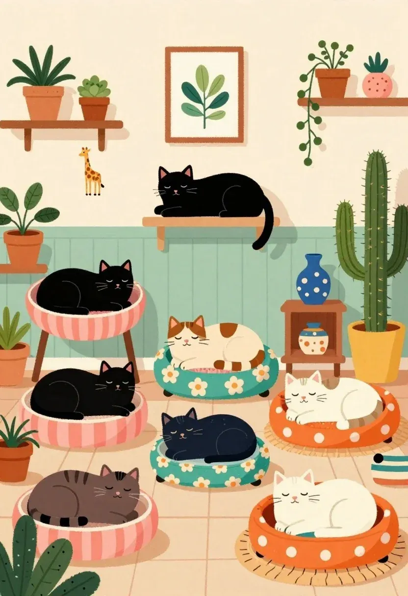 Subject Cozy Room Filled With Several Cats Resting Colorful Beds