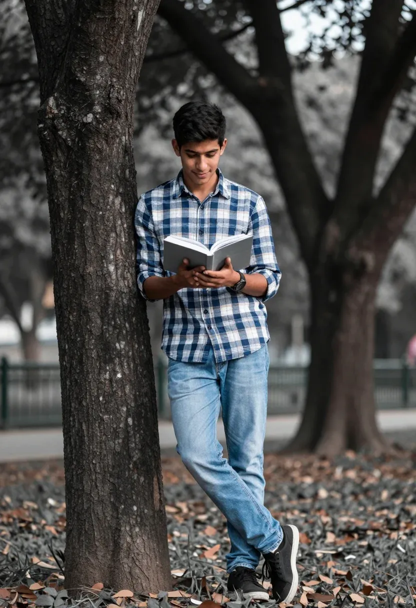 Young Man Stands Leaning Against Tree Park While Reading Open