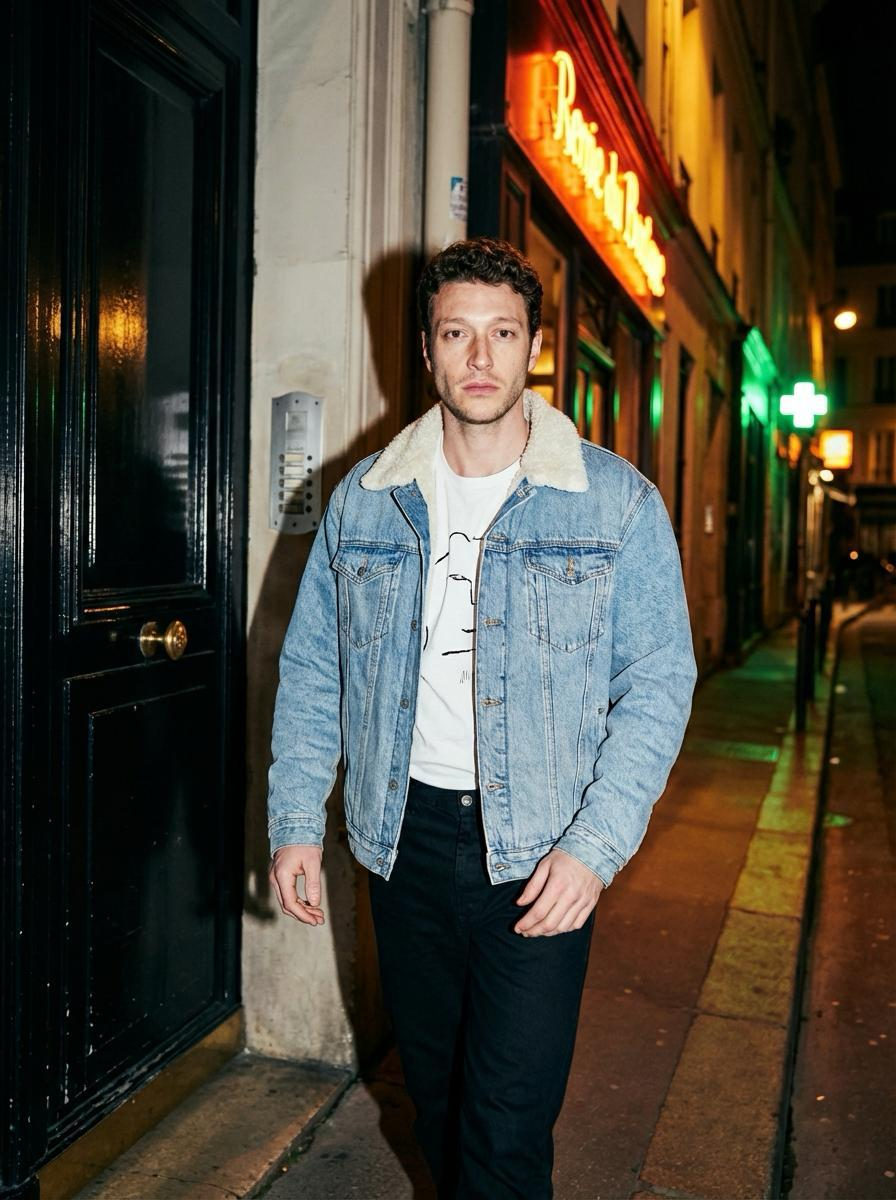 A man in a light blue oversized denim jacket walks on a narrow city street at night, framed by a glowing neon sign and shadows.