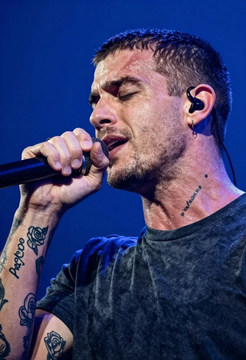 Close-up Profile Shot Male Singer Passionately Performing Into Microphone Against
