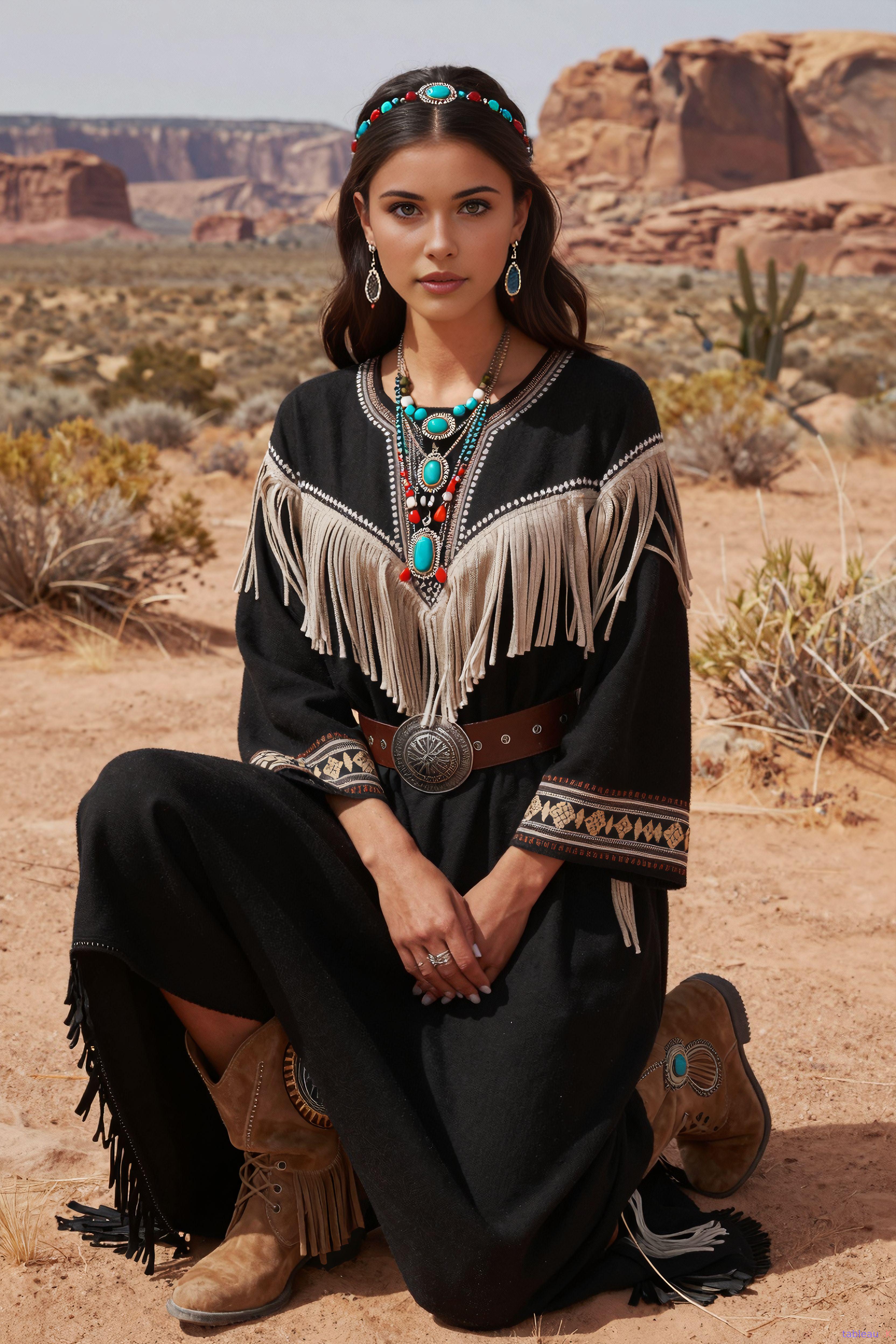 Long Sleeved Black Dress Featuring Cream Colored In Desert Landscape