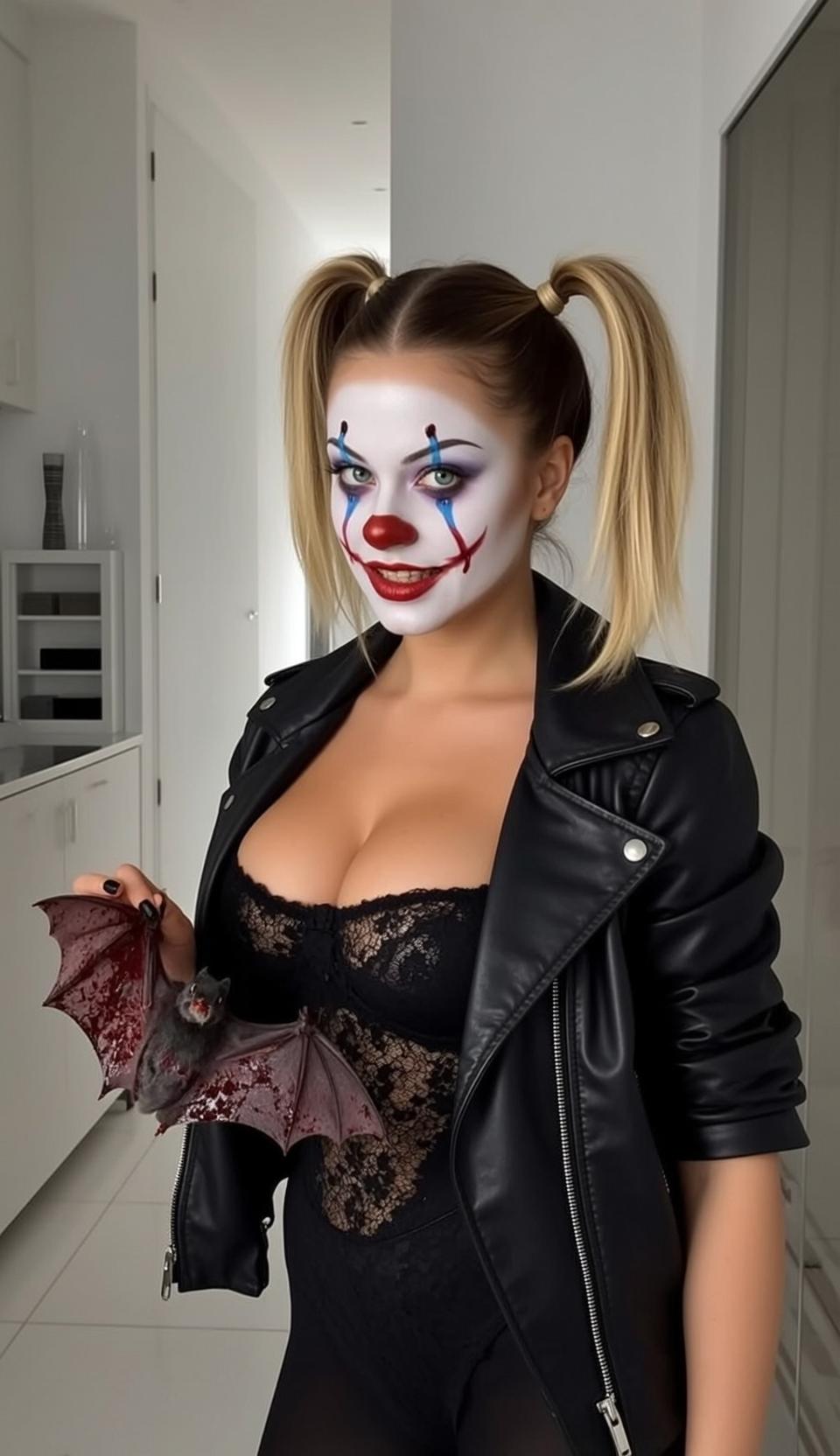 Halloween Makeup Clown Blonde Pigtails Pale White