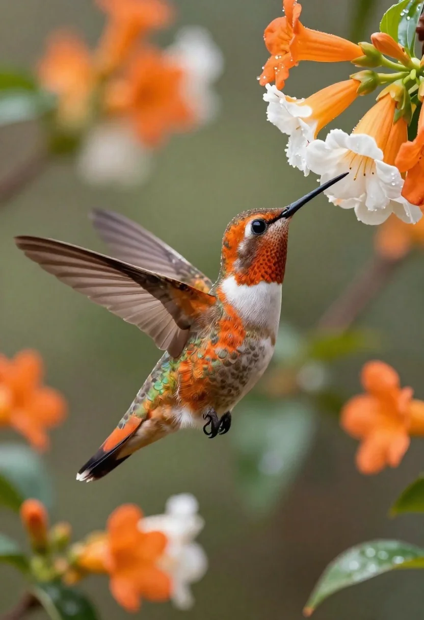 Hyper-realistic Close-up Hummingbird Mid-flight Hovering Near Vibrant Orange And White reference photo