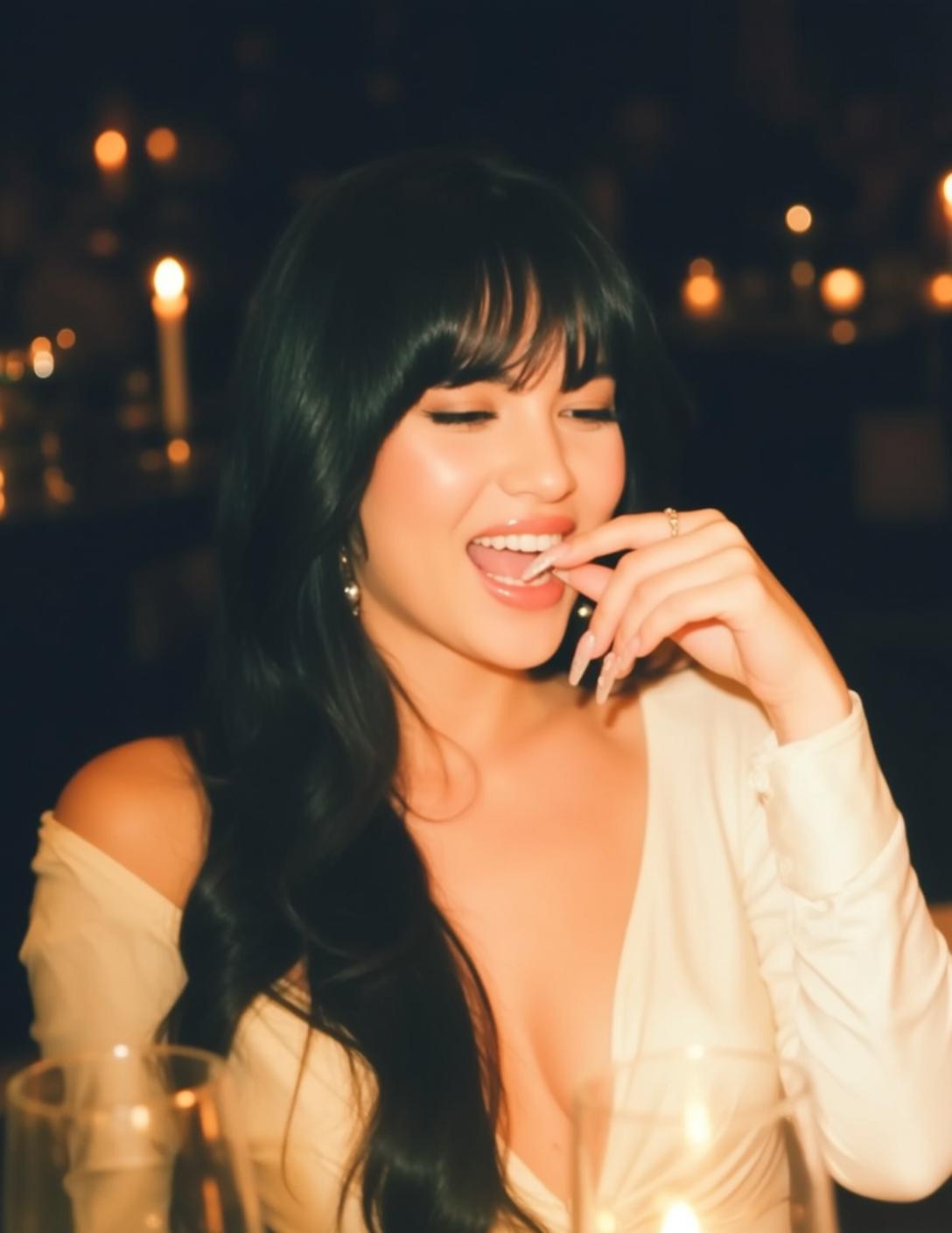 Laughing Woman Candlelit Wine Glass Cinematic
