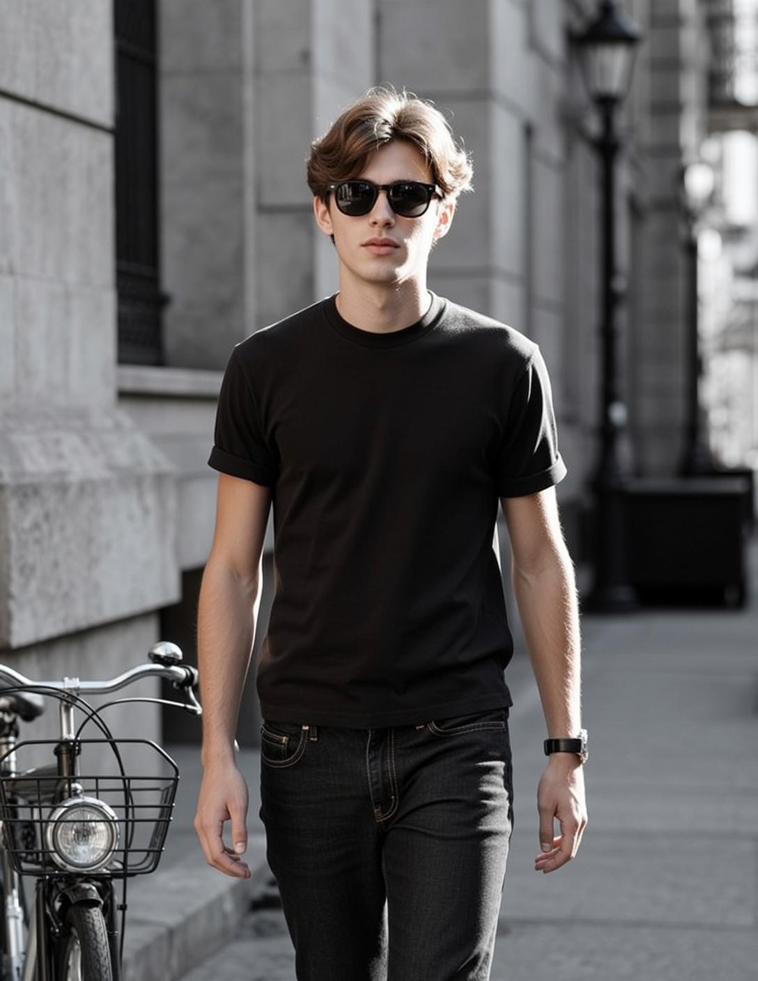 Young Medium Brown Wavy Fair Black T-shirt