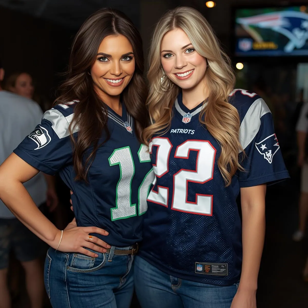 Two Women In Football Jerseys At A Sports Bar