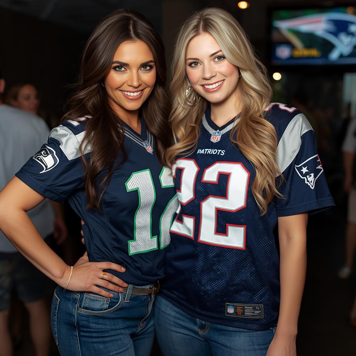 Two Women In Football Jerseys At A Sports Bar