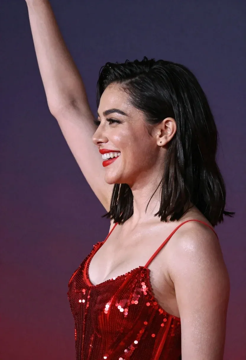 Woman Profile Smiling Broadly With Her Right Arm Raised High