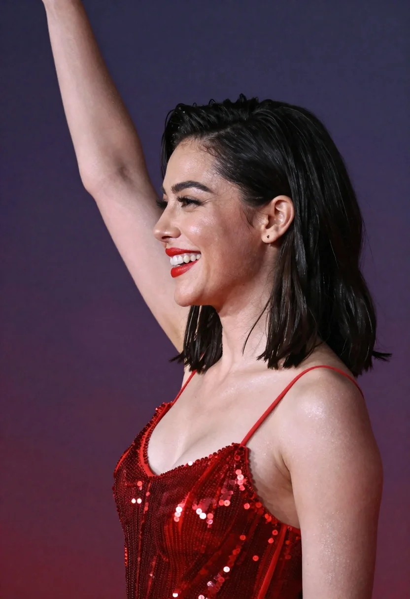 Woman Profile Smiling Broadly With Her Right Arm Raised High reference photo