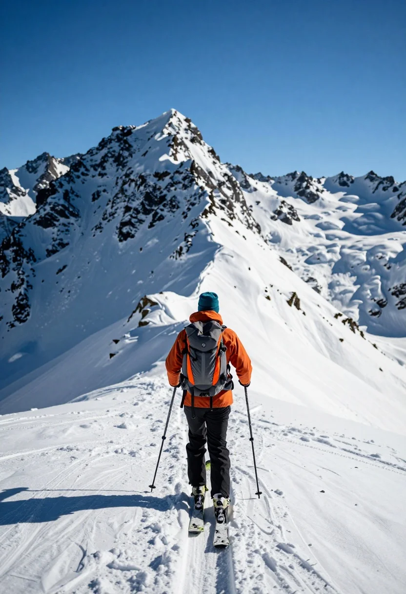 Lone Skier Viewed From Behind Traversing Snowy Mountain Ridge Under