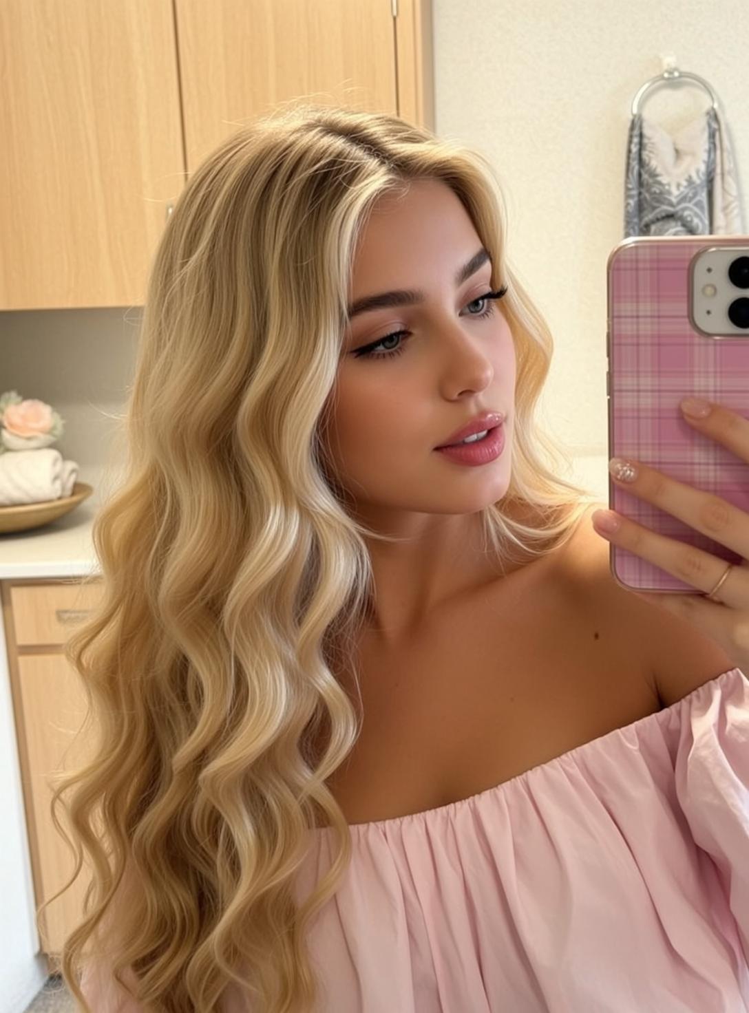Explore Taking Selfie Bathroom Holding Pink Plaid