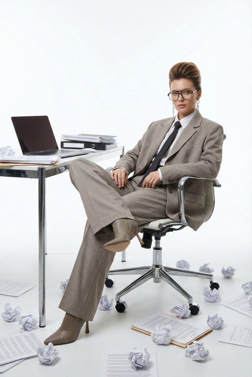 Elegant woman in oversized suit seated in modern office chair, polished makeup and hairstyle, crumpled papers scattered around.