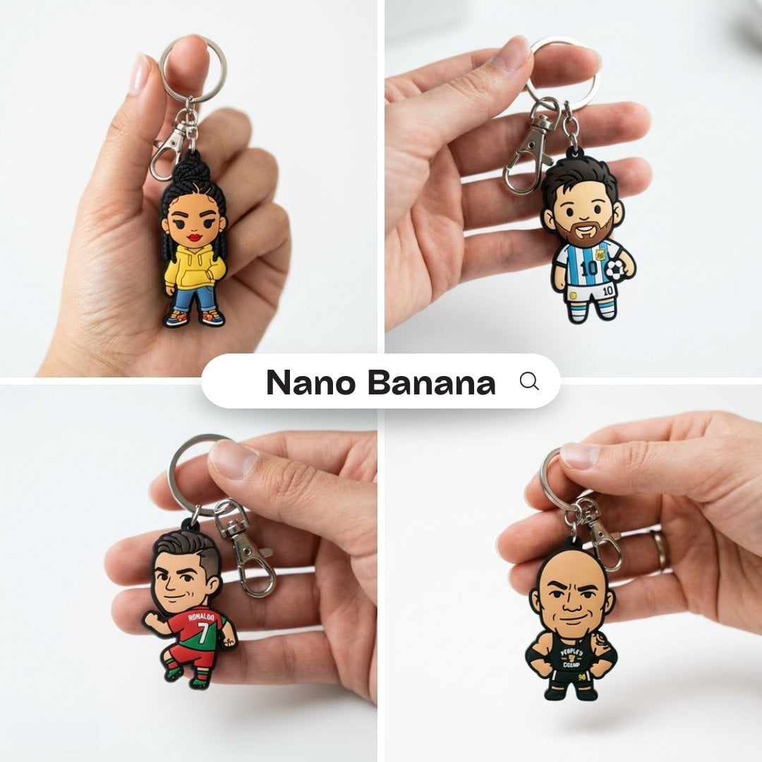 Close-up of a cute, colorful rubber keychain held in a hand, showcasing its chibi-style illustration and pastel colors.