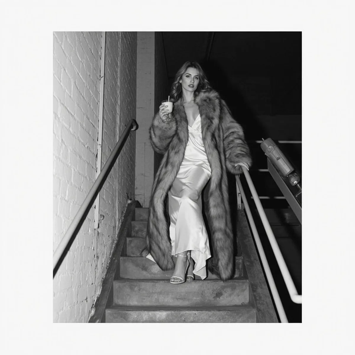 Photorealistic Black And White Image Shows Young Woman Descending Concrete