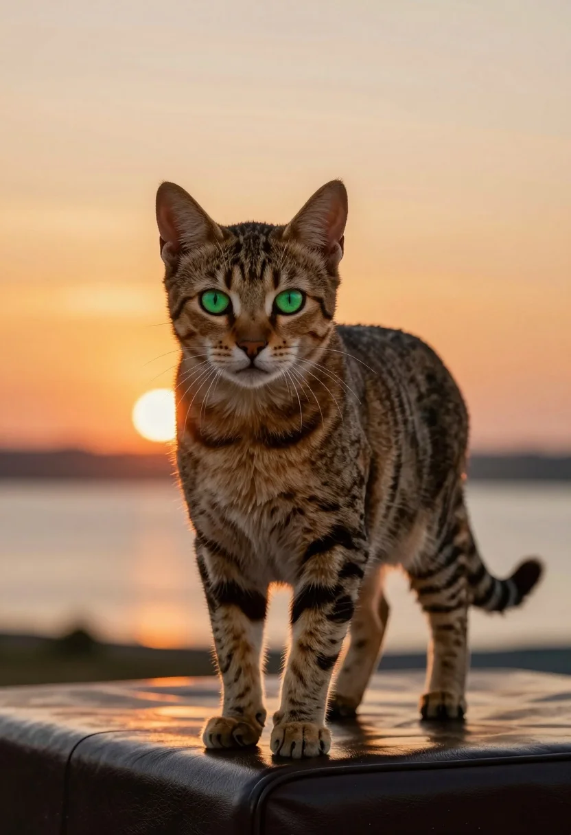 Majestic Brown Tabby Cat With Striking Green Eyes Stands Poised