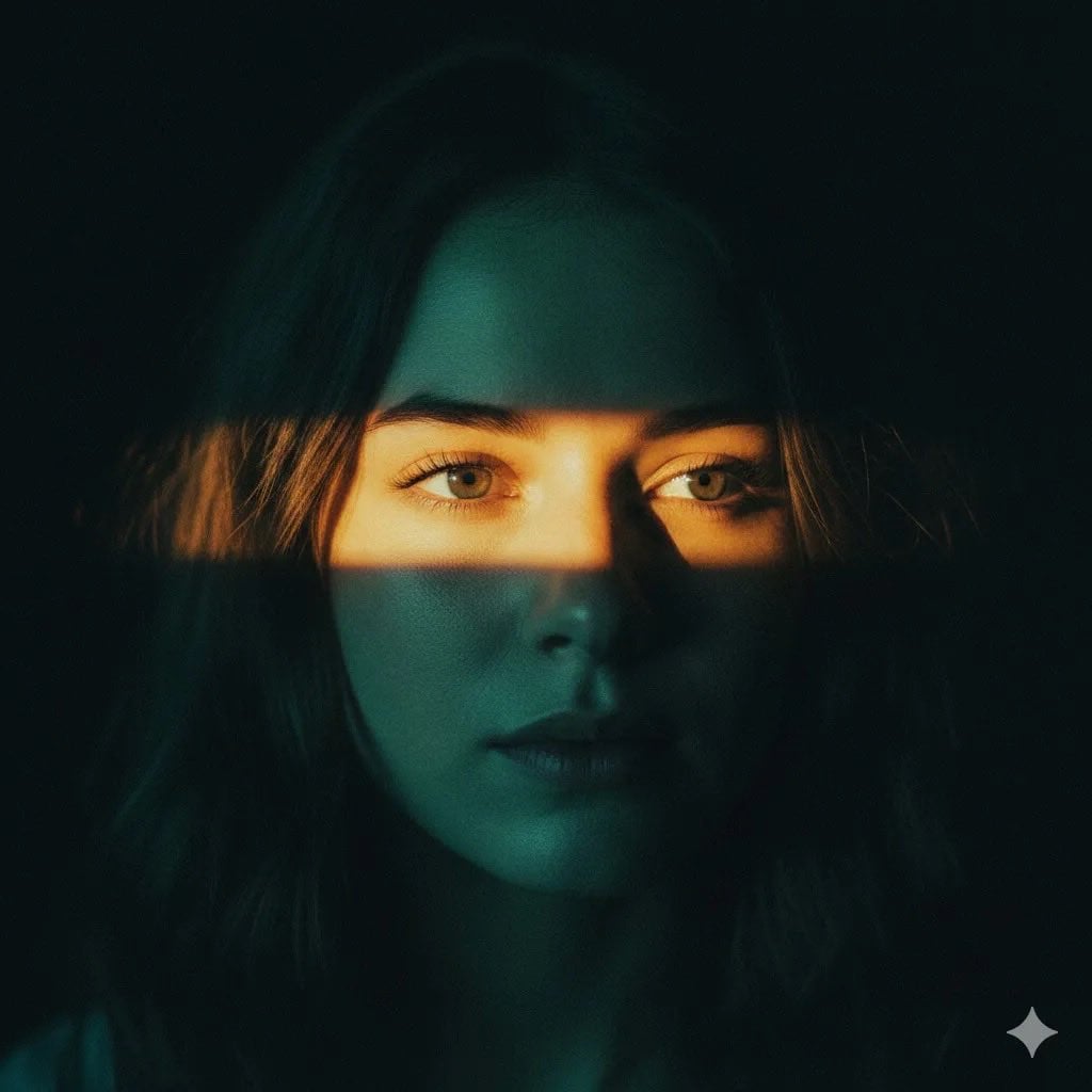 Mysterious Woman Golden Sunlight Dramatic Shadow