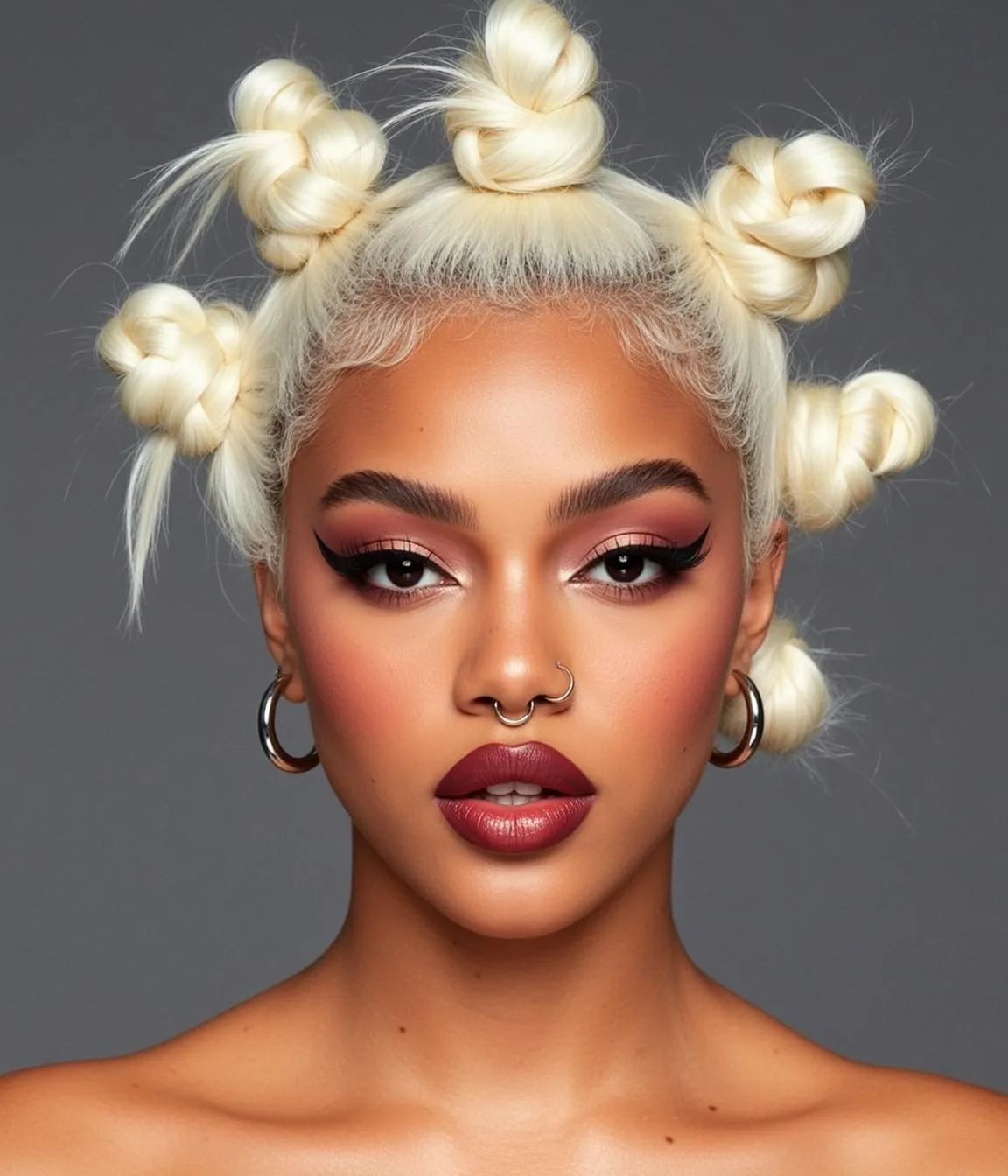 Platinum Blonde Space Buns Beauty Shot Grey Studio