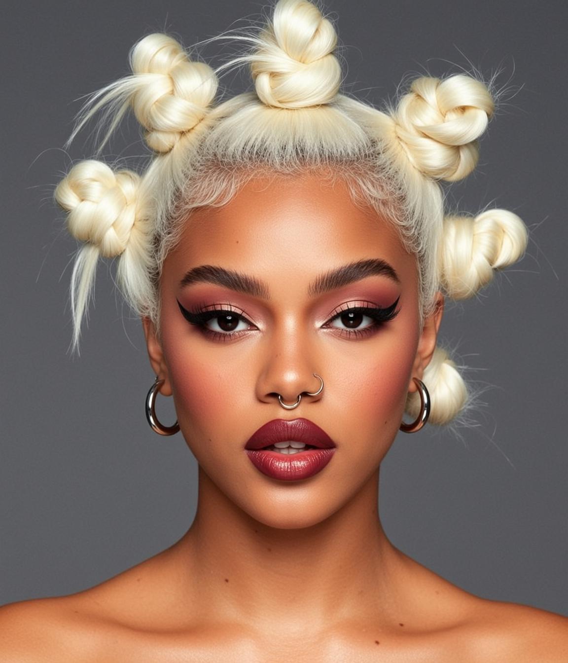 Platinum Blonde Space Buns Beauty Shot Grey Studio