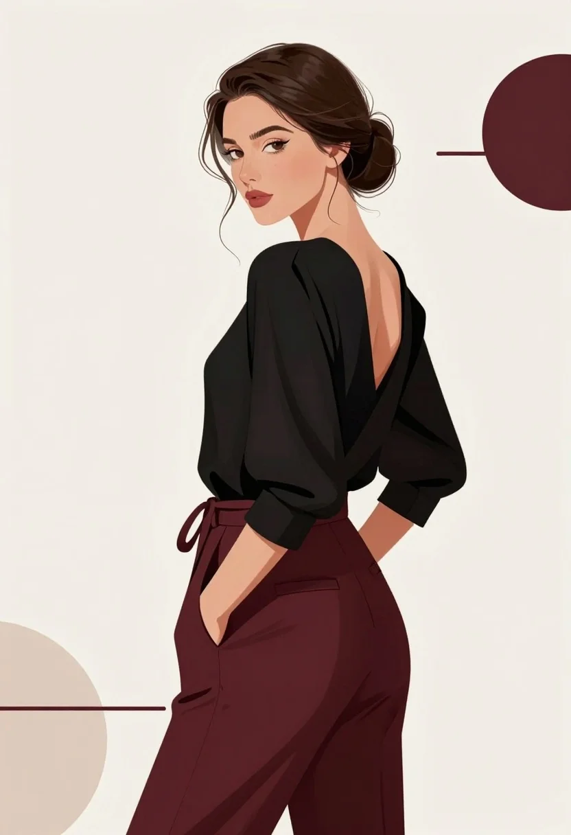 Graceful Woman With Dark Hair Styled Elegant Updo Stands Three-quarter