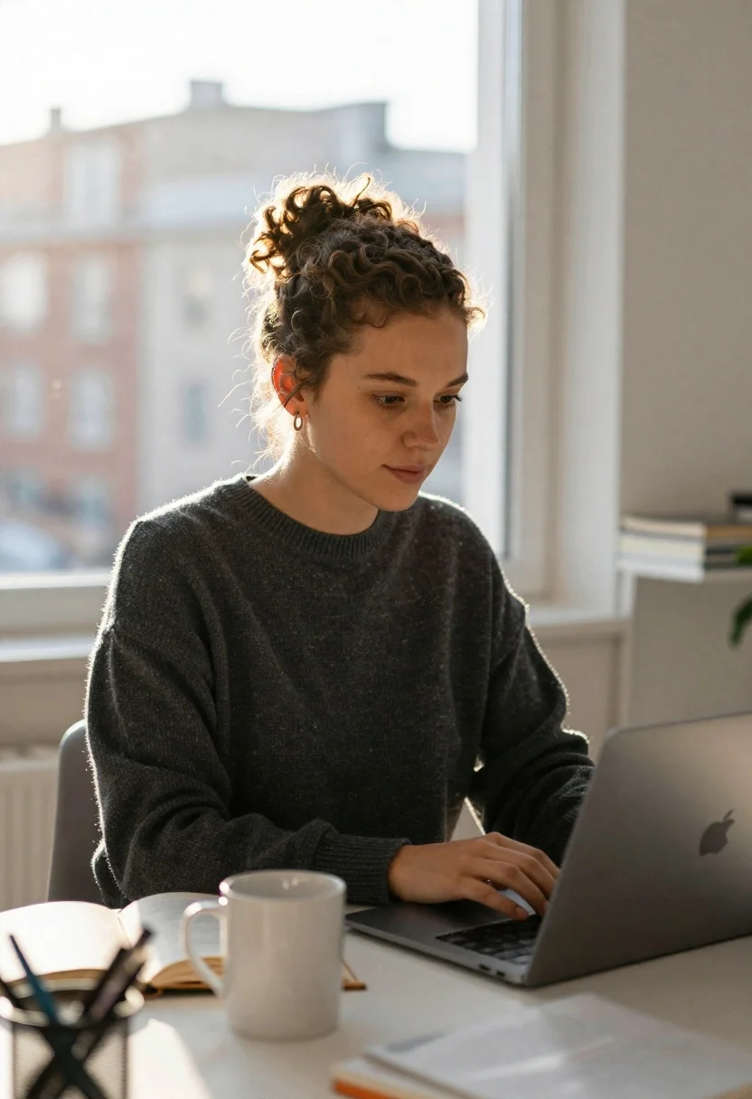 Medium Shot Woman Working Intently Her Laptop Desk Bright Room reference photo