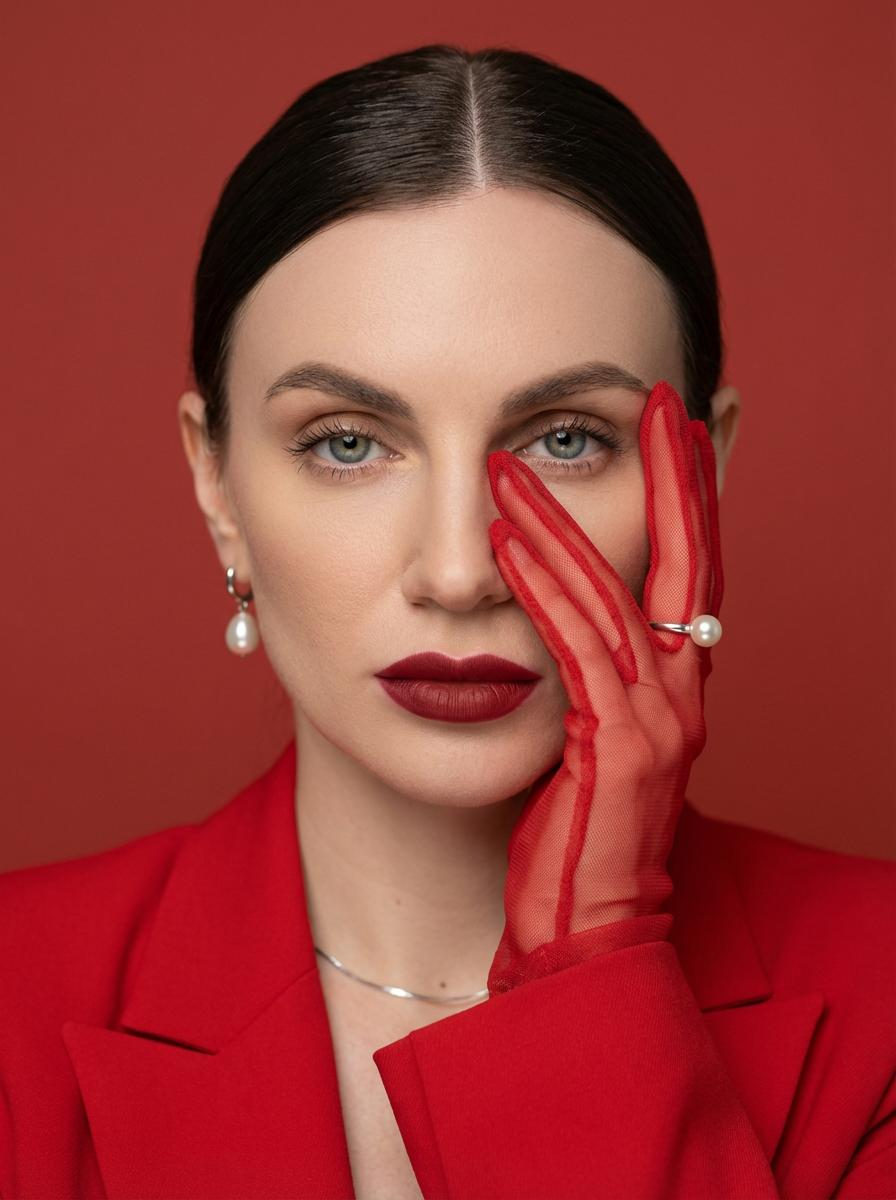 A full-face studio fashion portrait of a woman in a red jacket, showcasing a red mesh glove covering her eye.