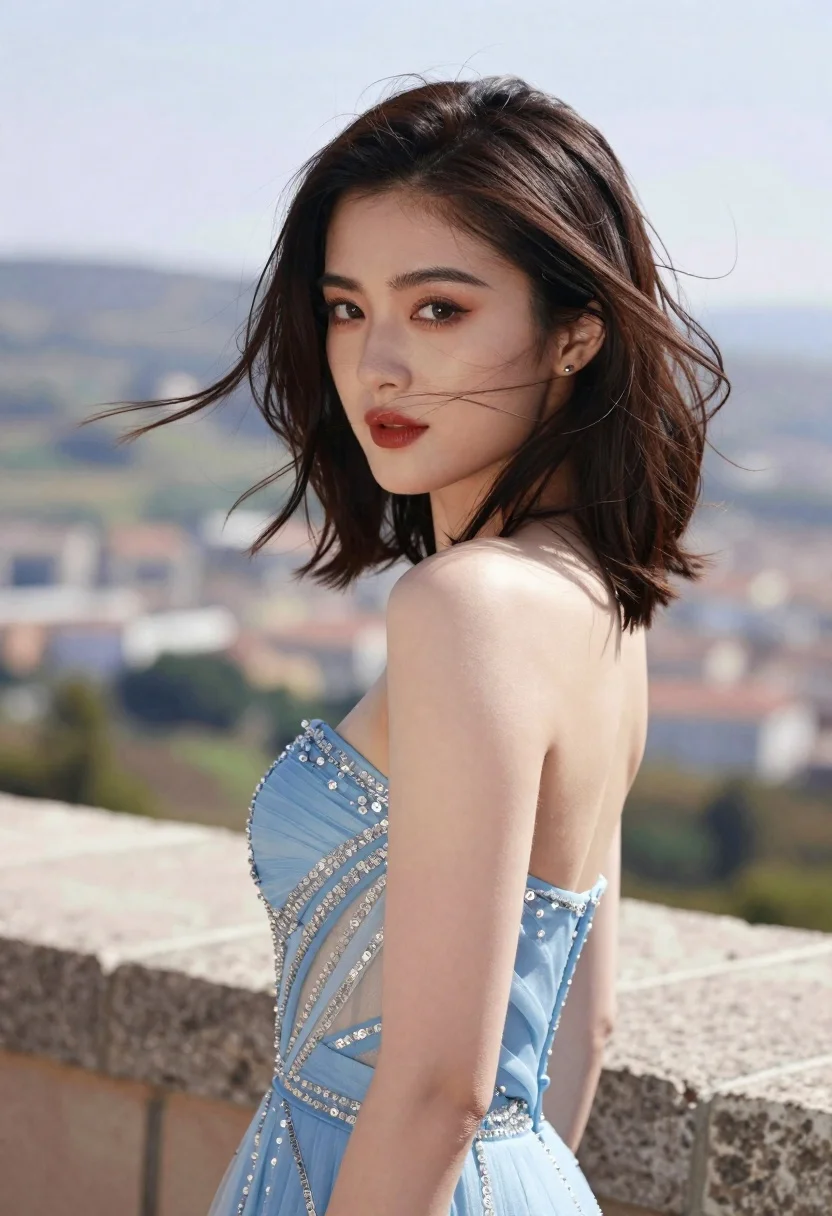 Woman With Dark Shoulder-length Hair Stands Profile Looking Back Over reference photo