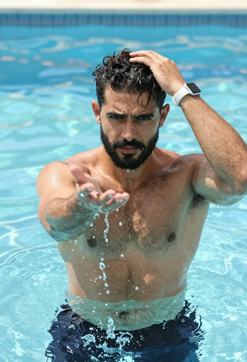 Muscular Man With Wet Dark Hair And Beard Stands Clear reference photo