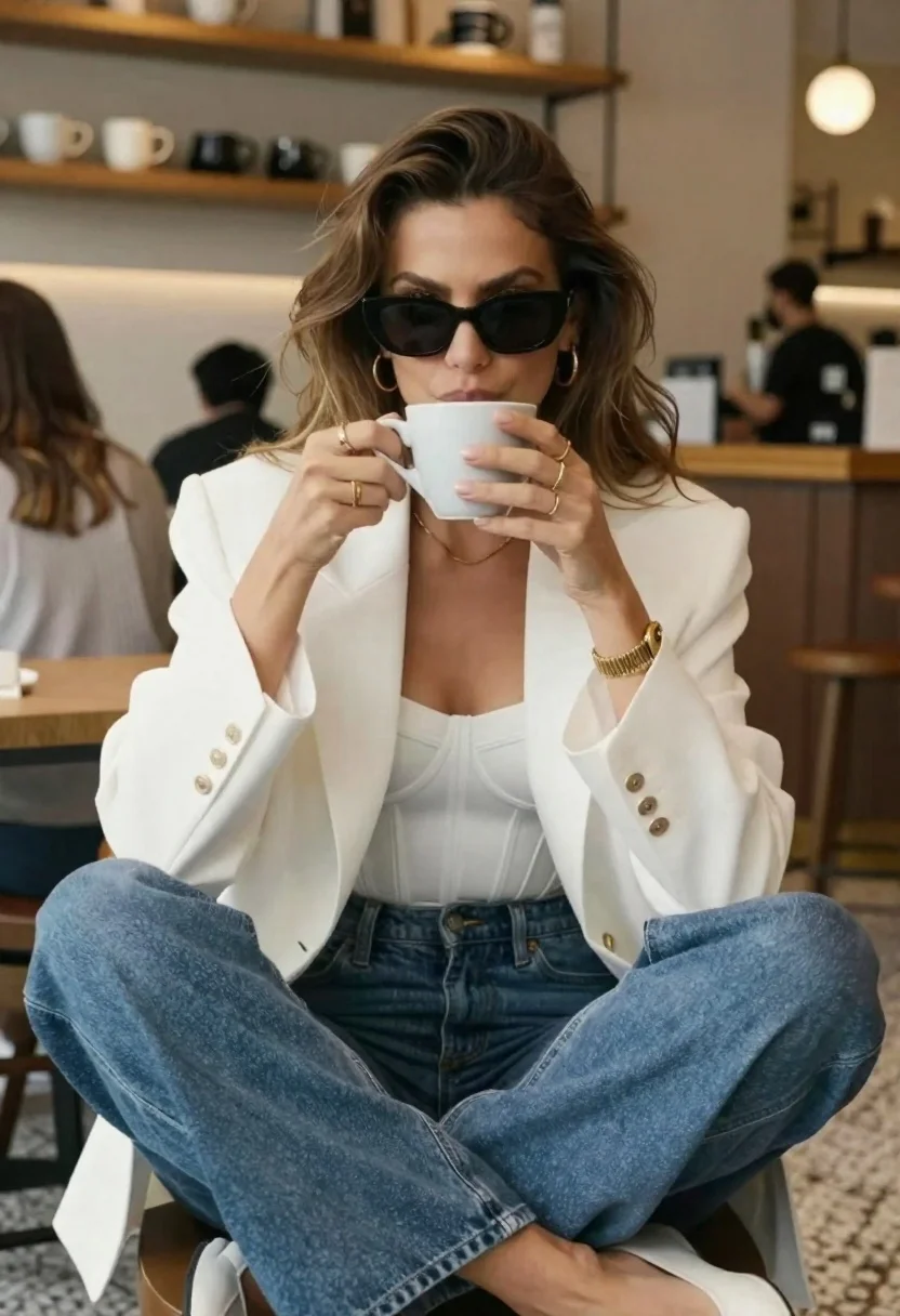 Portrait Confident Woman With Wavy Hair And Large Sunglasses Drinking reference photo