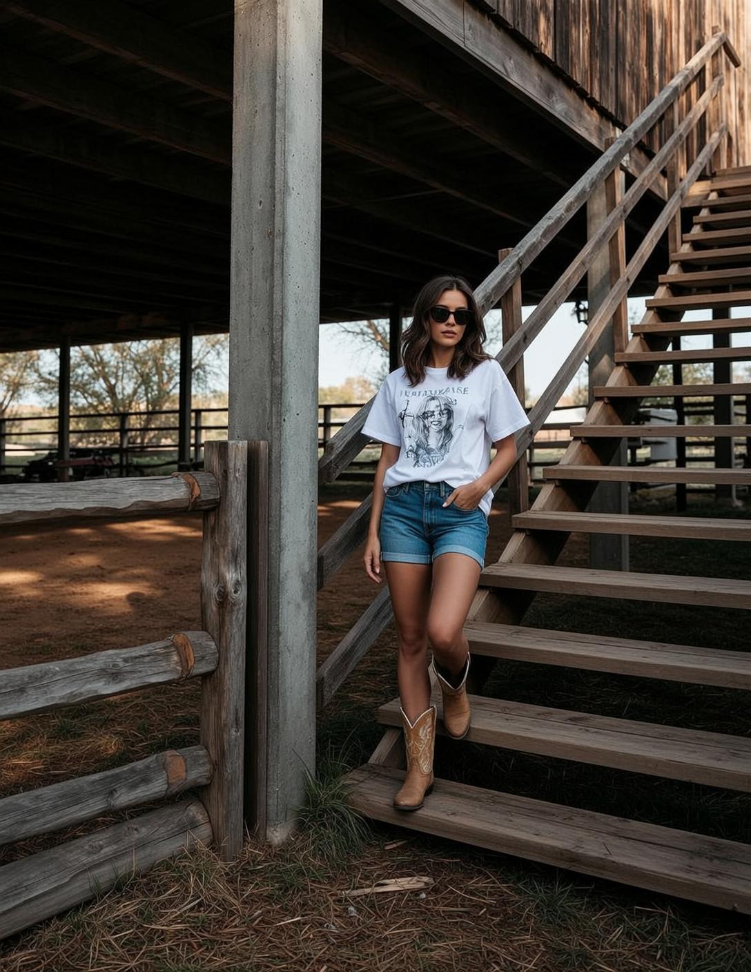 Cowgirl Walking Wooden Staircase Her Right Hand