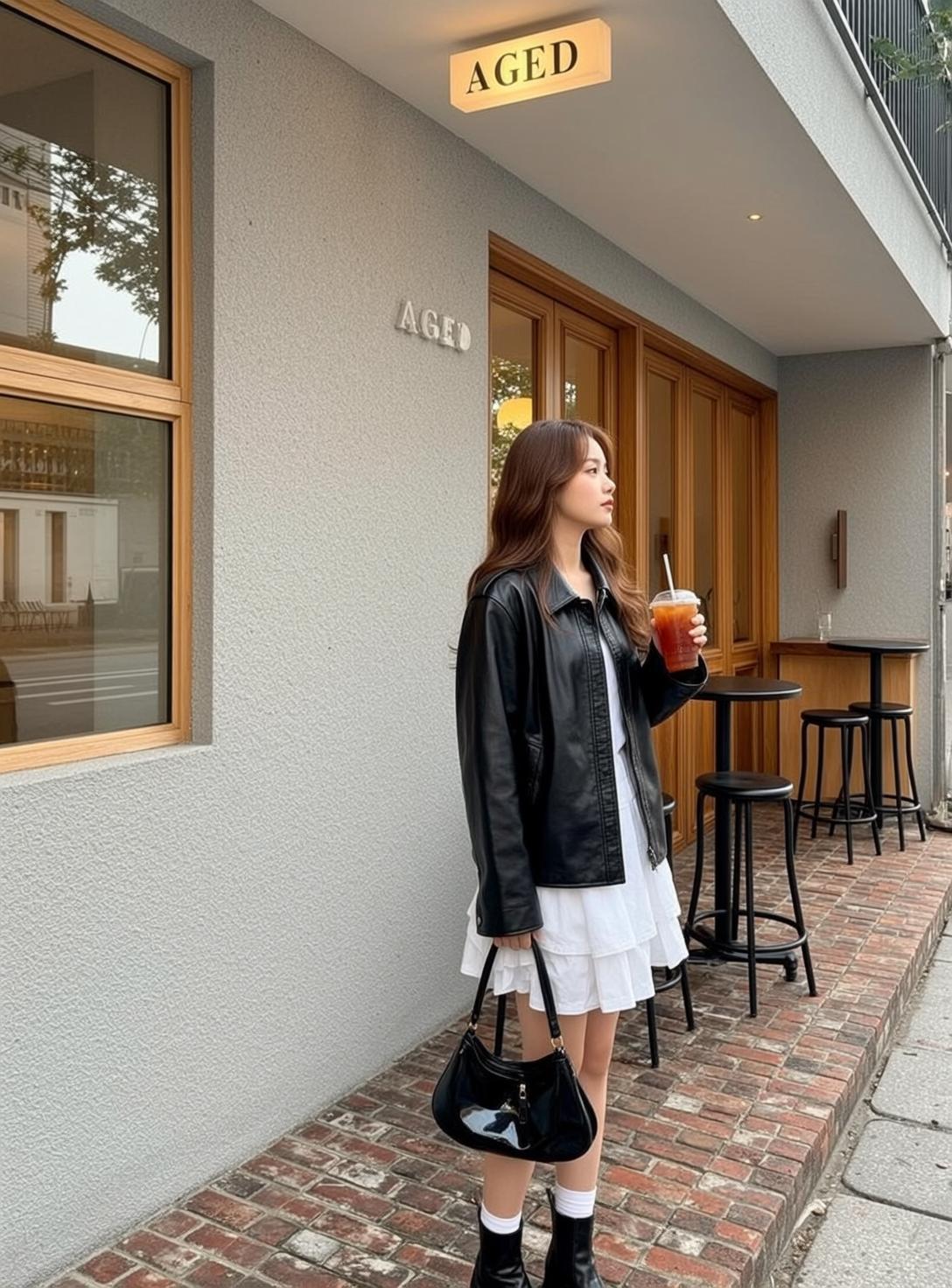 Leather Jacket Cafe Sidewalk Look